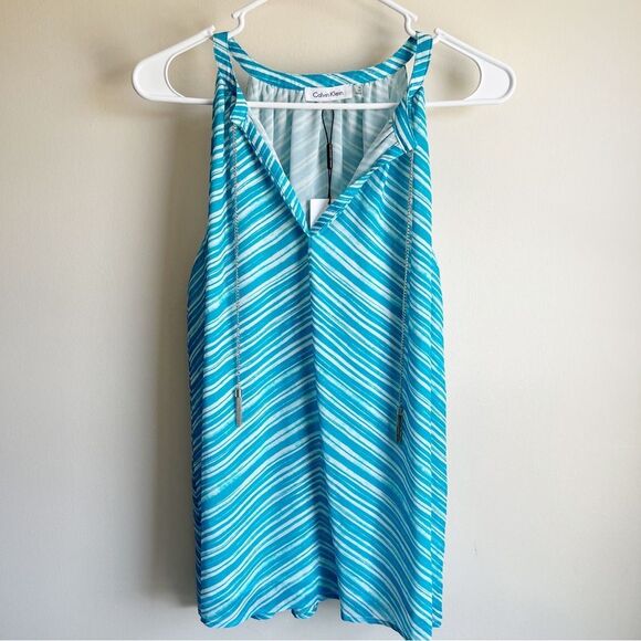 Calvin Klein Tops - Calvin Klein Blue Patterned Tassel Tie Sleeveless Blouse Career Tank Top NWT